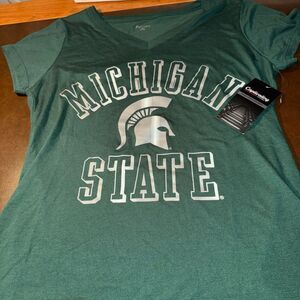 Captivating Michigan State T-Shirt Womens Medium Green NWT V-Neck Spartan Helmet